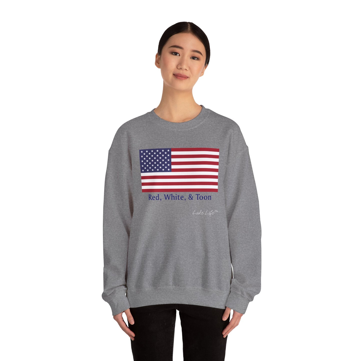 Red White and Toon™ Classic American Flag Lake Life™ - Heavy Blend™ Crewneck Sweatshirt by Pontoon Girl®