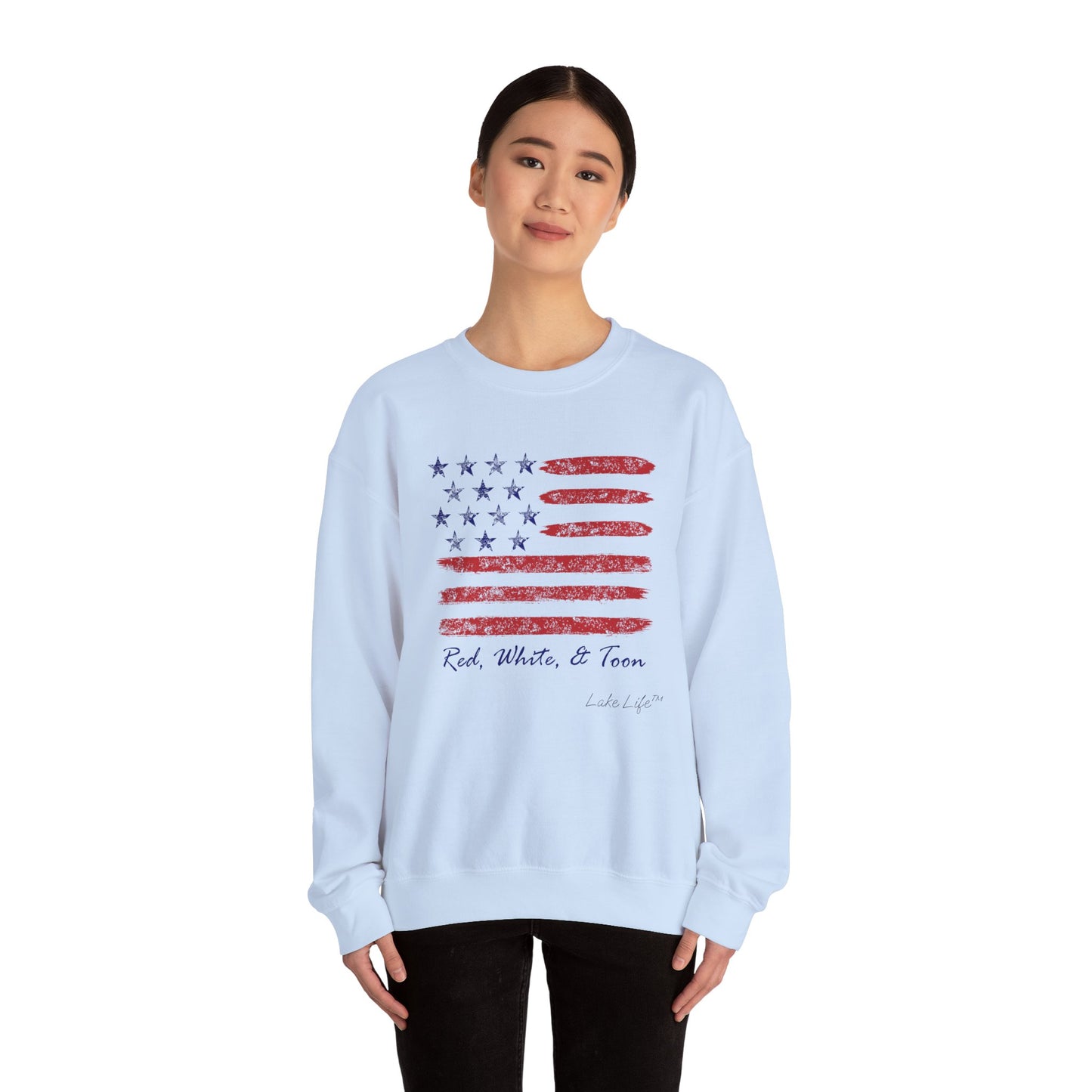 Red White and Toon™ Contemporary American Flag Lake Life™ - Heavy Blend™ Crewneck Sweatshirt by Pontoon Girl®
