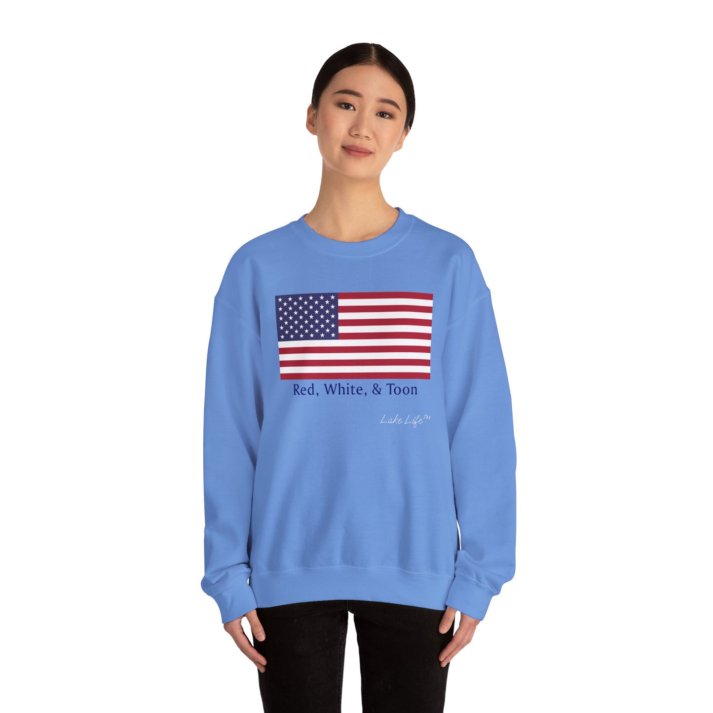 Red White and Toon™ Classic American Flag Lake Life™ - Heavy Blend™ Crewneck Sweatshirt by Pontoon Girl®