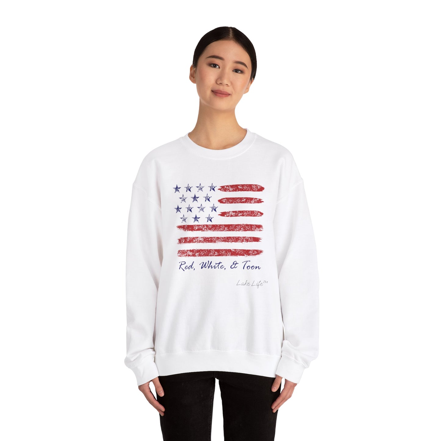 Red White and Toon™ Contemporary American Flag Lake Life™ - Heavy Blend™ Crewneck Sweatshirt by Pontoon Girl®