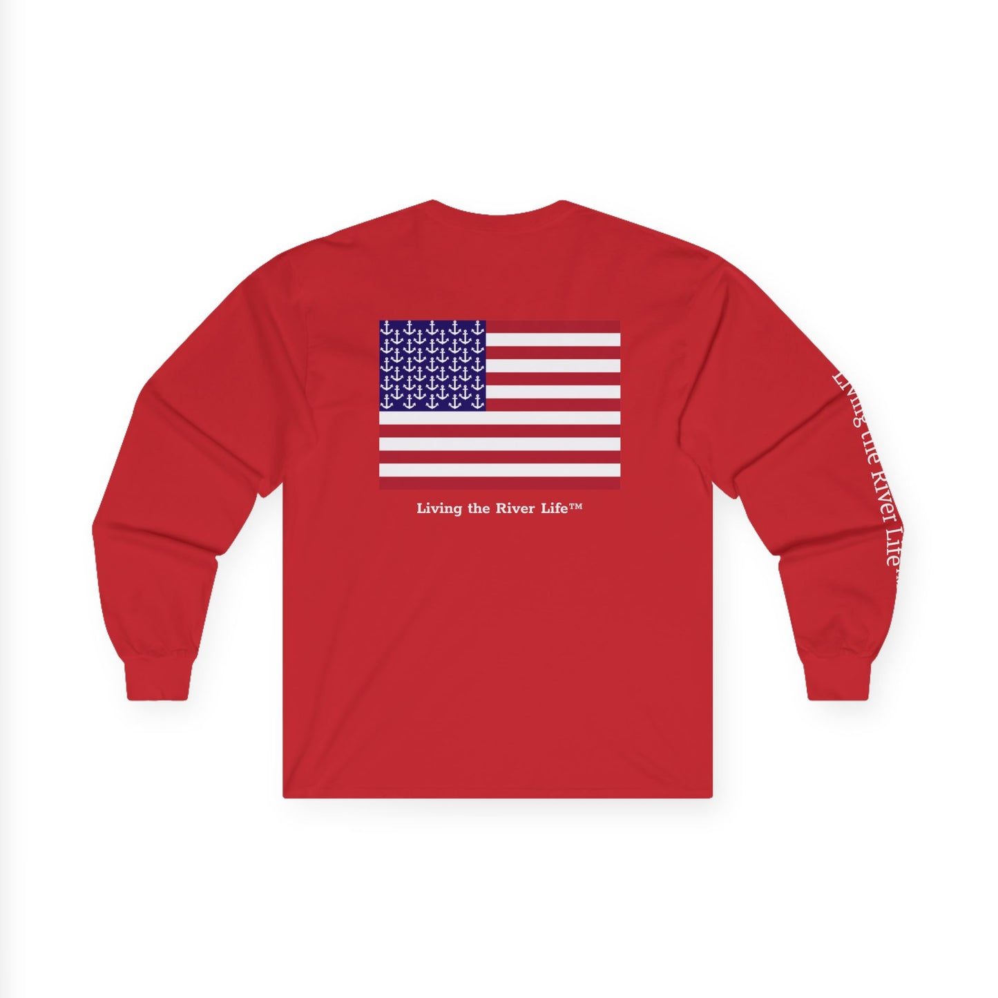 Anchors and Stripes - Living the River Life™ - Customizable - Long Sleeve Tee by Pontoon Girl® in Dark Colors