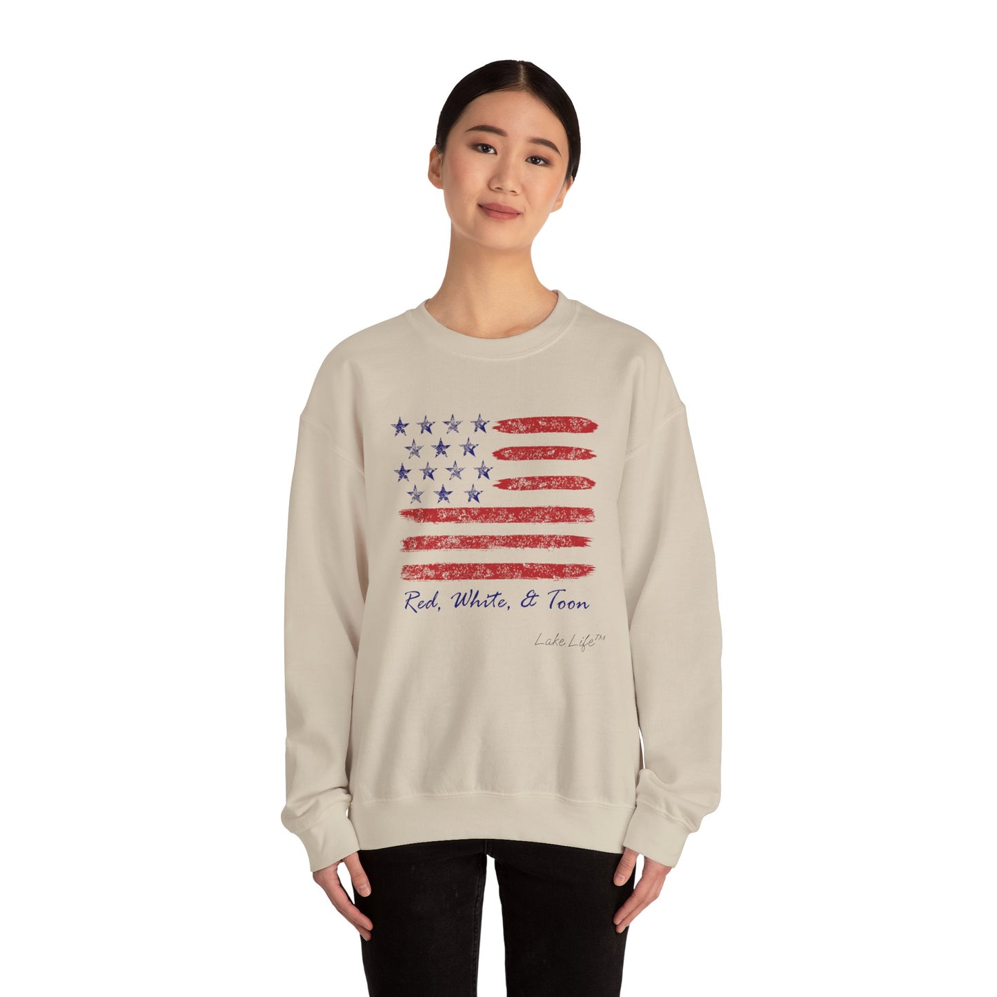 Red White and Toon™ Contemporary American Flag Lake Life™ - Heavy Blend™ Crewneck Sweatshirt by Pontoon Girl®