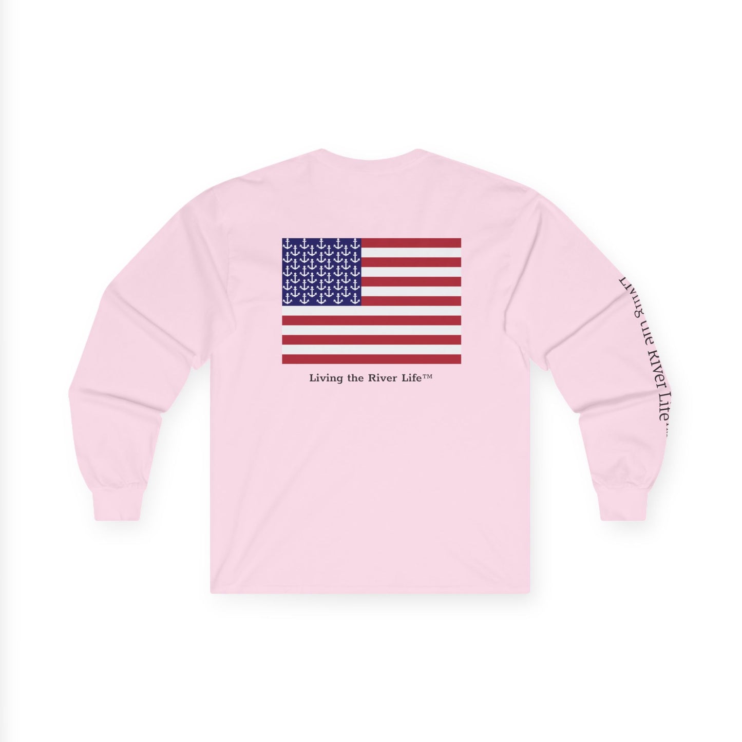 Anchors and Stripes Living the River Life™ - Customizable - Long Sleeve Tee by Pontoon Girl® in Light Colors