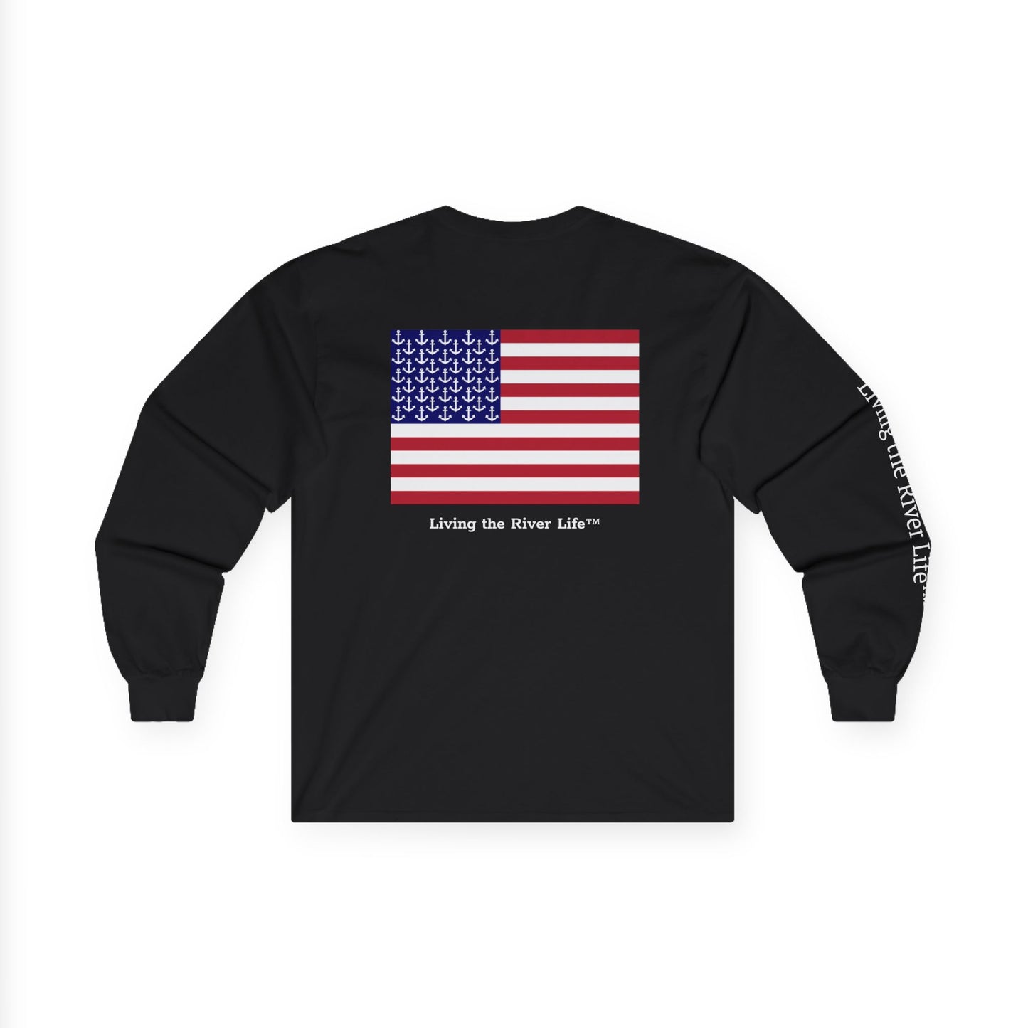 Anchors and Stripes - Living the River Life™ - Customizable - Long Sleeve Tee by Pontoon Girl® in Dark Colors