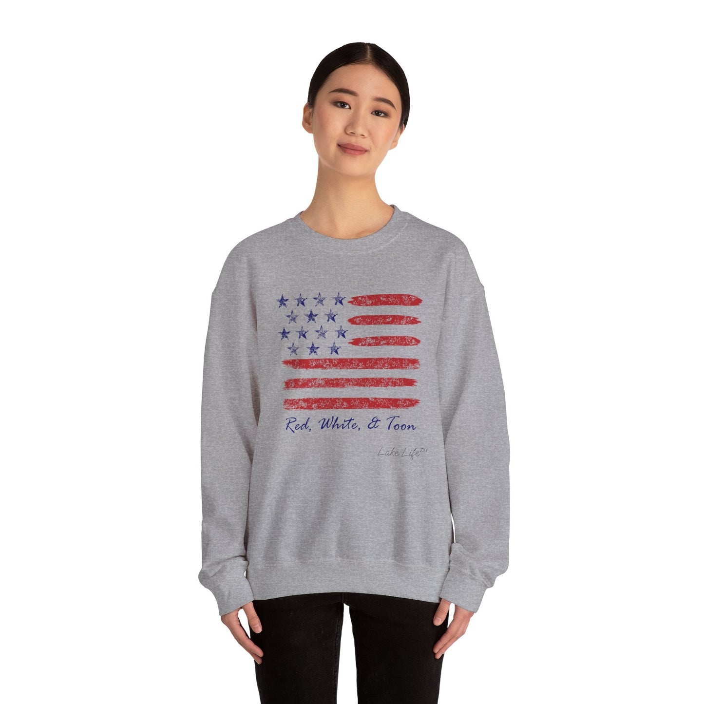 Red White and Toon™ Contemporary American Flag Lake Life™ - Heavy Blend™ Crewneck Sweatshirt by Pontoon Girl®