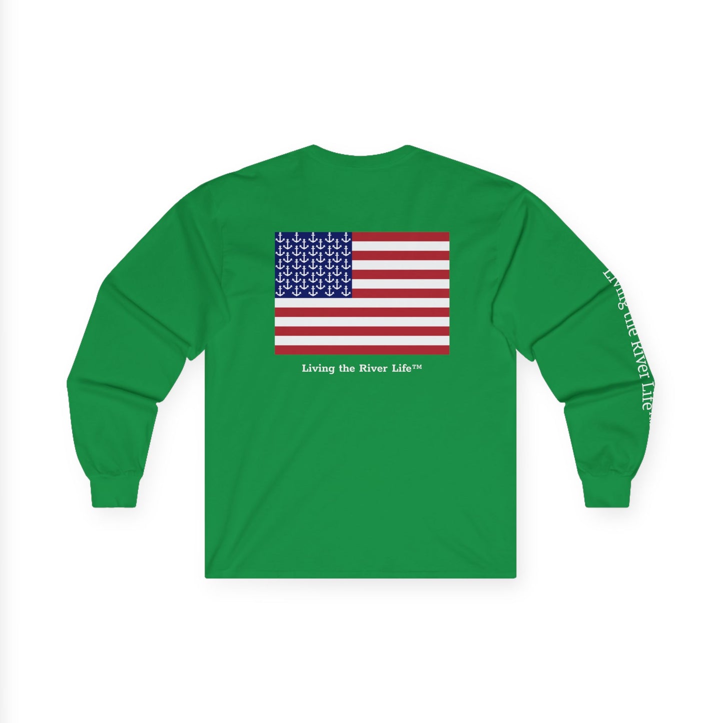 Anchors and Stripes - Living the River Life™ - Customizable - Long Sleeve Tee by Pontoon Girl® in Dark Colors