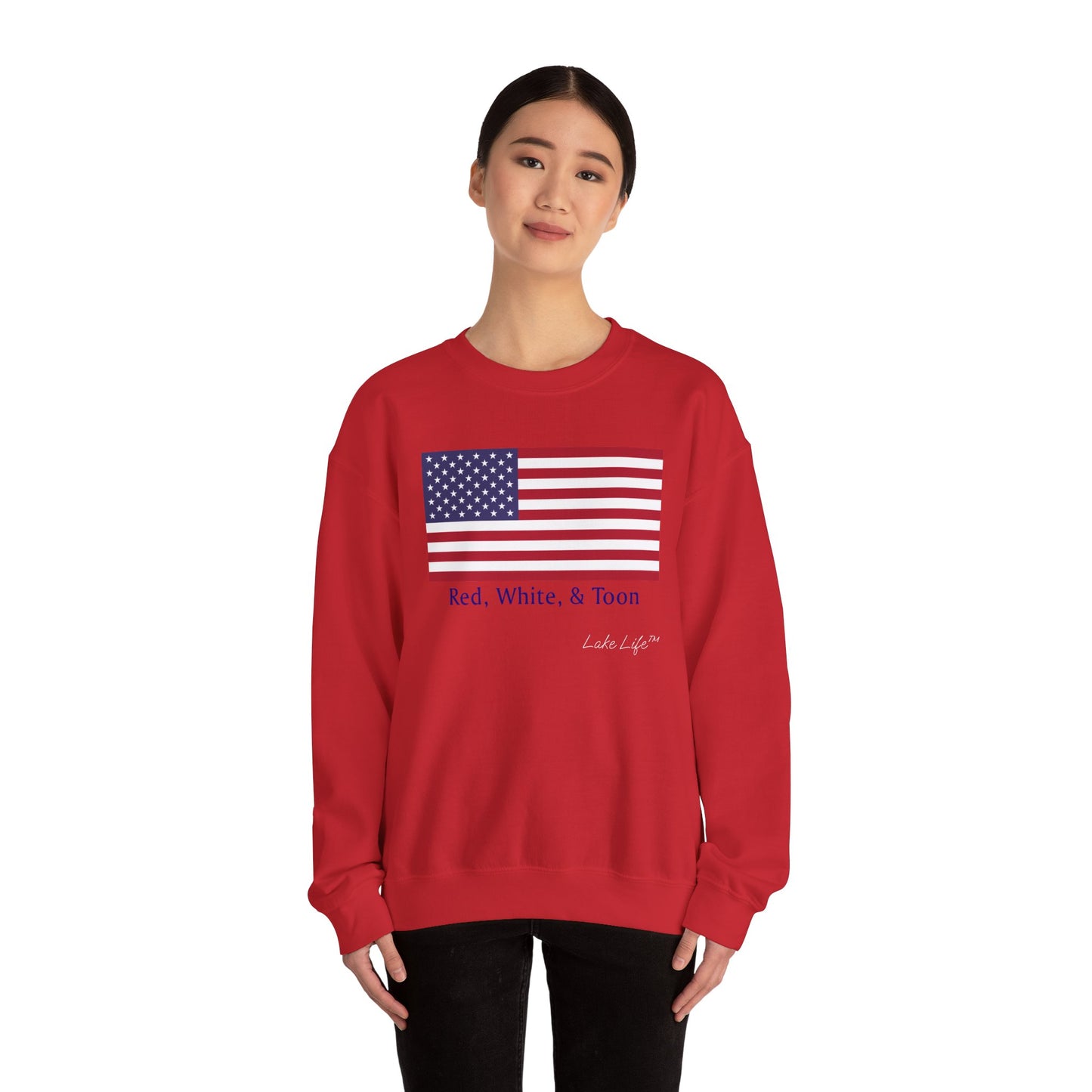 Red White and Toon™ Classic American Flag Lake Life™ - Heavy Blend™ Crewneck Sweatshirt by Pontoon Girl®