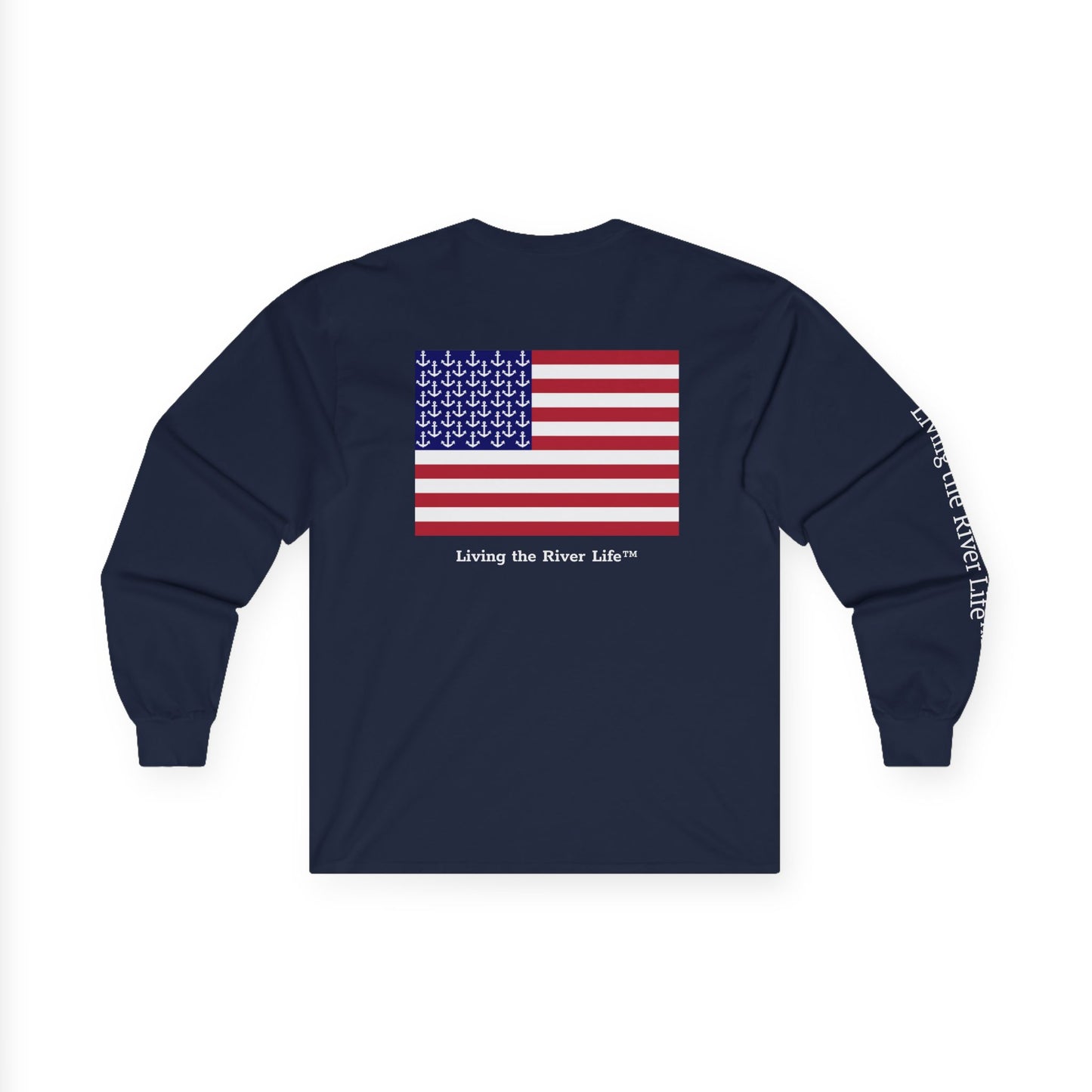 Anchors and Stripes - Living the River Life™ - Customizable - Long Sleeve Tee by Pontoon Girl® in Dark Colors