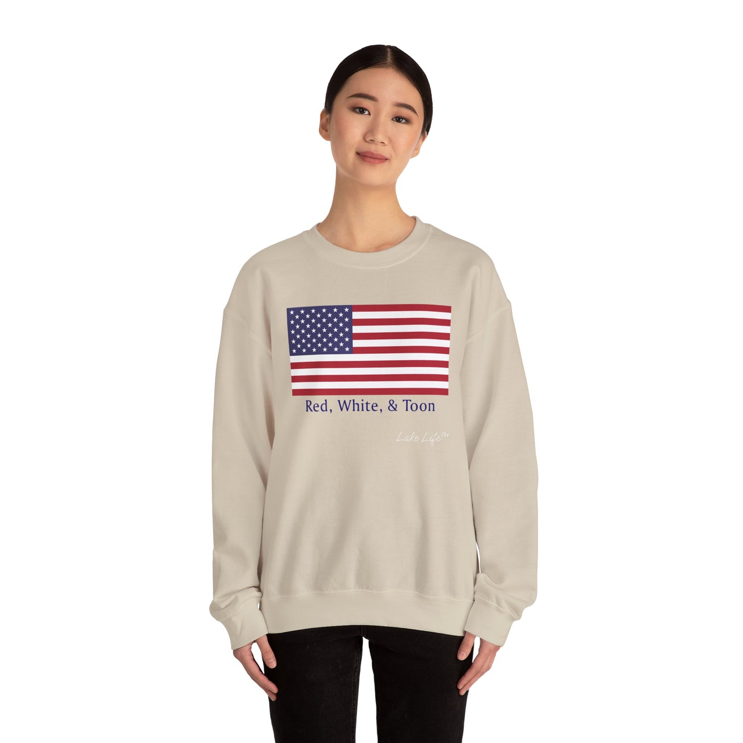 Red White and Toon™ Classic American Flag Lake Life™ - Heavy Blend™ Crewneck Sweatshirt by Pontoon Girl®
