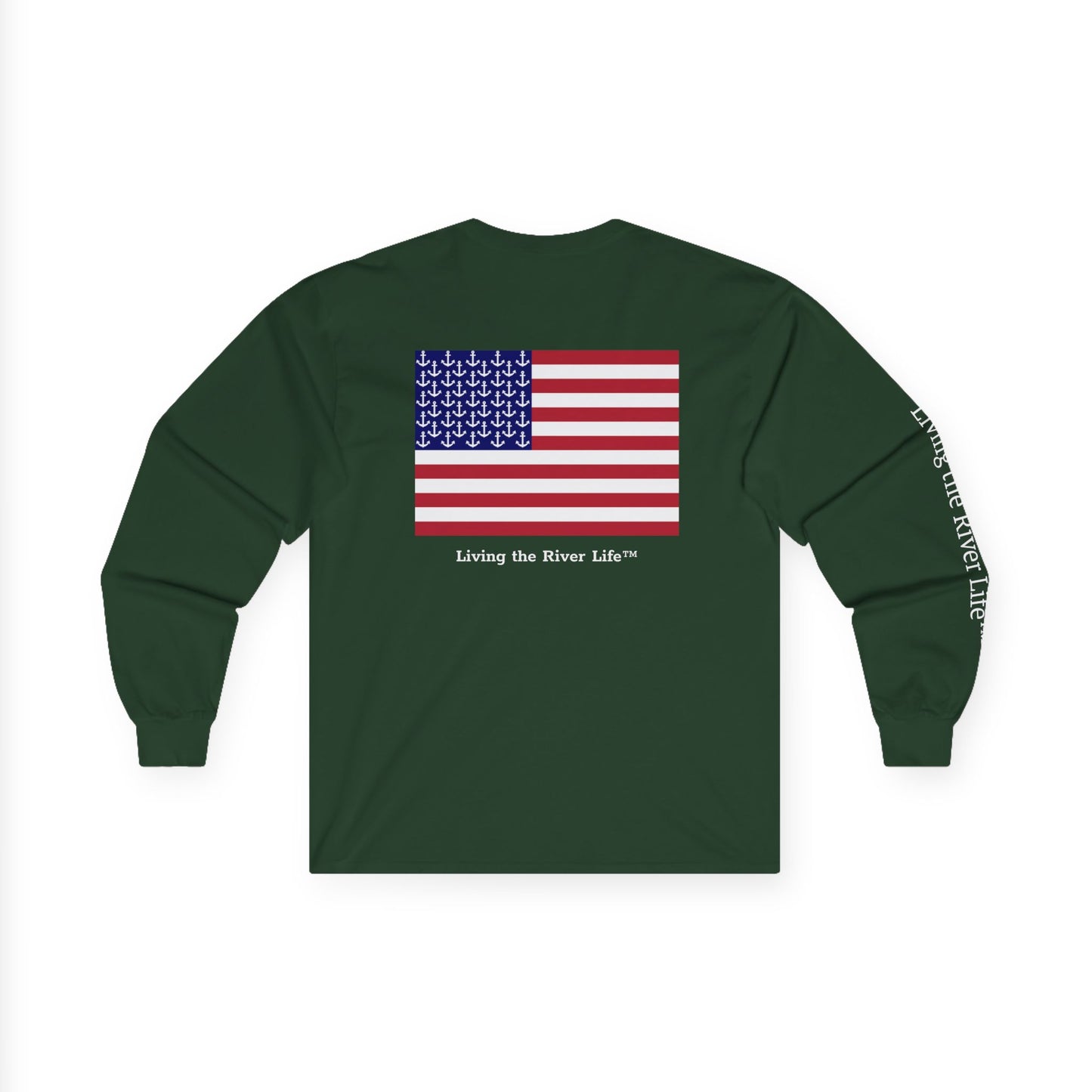 Anchors and Stripes - Living the River Life™ - Customizable - Long Sleeve Tee by Pontoon Girl® in Dark Colors