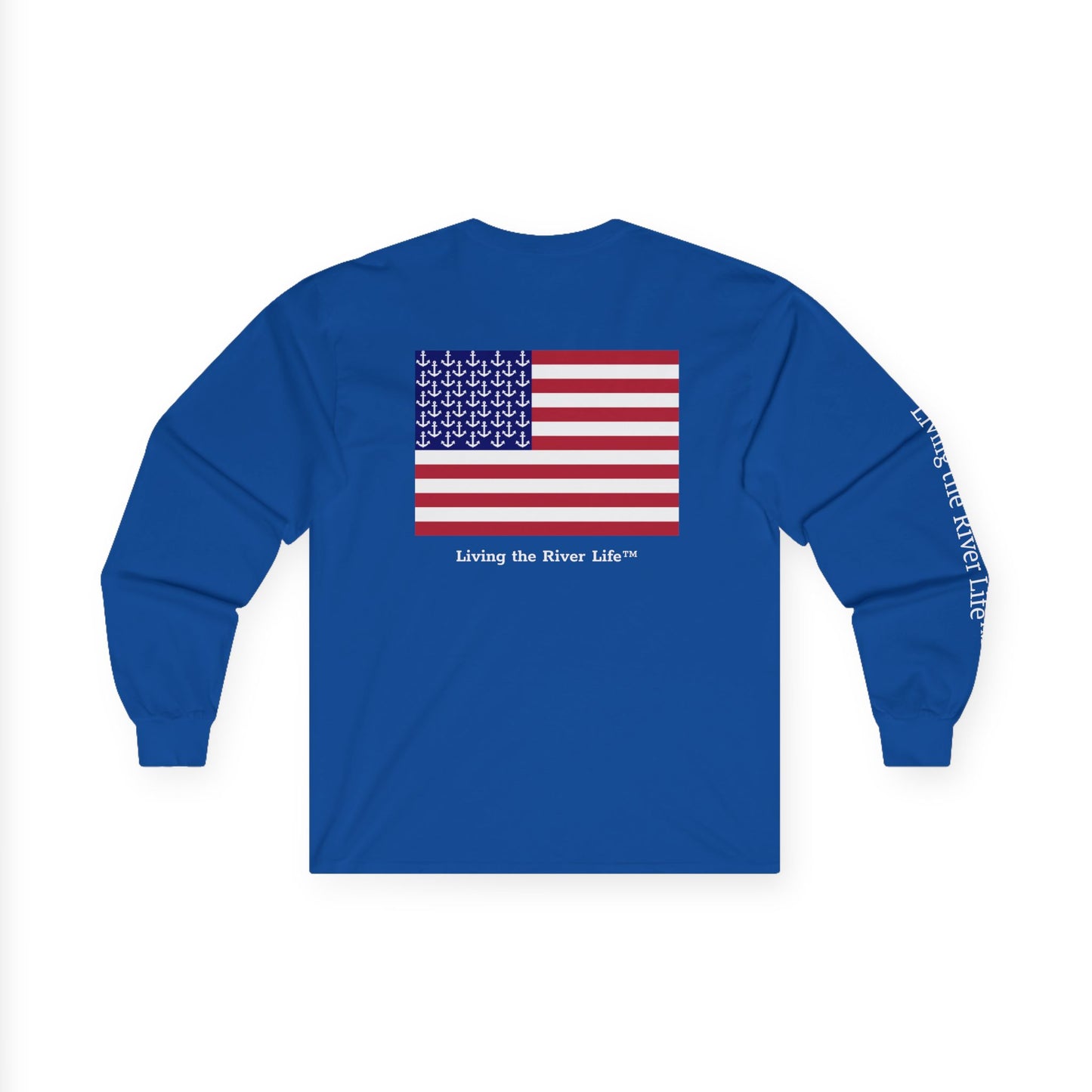 Anchors and Stripes - Living the River Life™ - Customizable - Long Sleeve Tee by Pontoon Girl® in Dark Colors