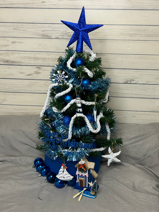 NAUTICAL CHRISTMAS TREE SET by Pontoon Girl® - BLUE THEME - 24" - 2FT Mini Nautical Christmas Tree with Lights 30 LEDs & 30 Ornaments, Nautical Village, Small Tabletop Christmas Trees Decorations Desk Room Office Home Decor Xmas