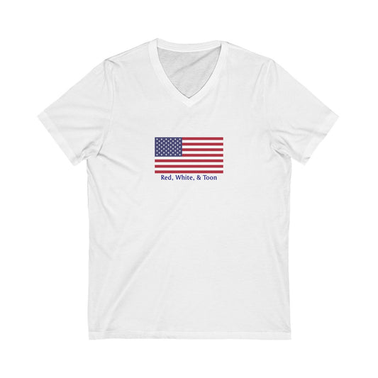 Pontoon Girl V Neck T Shirt - Classic Flag - Red White and Toon