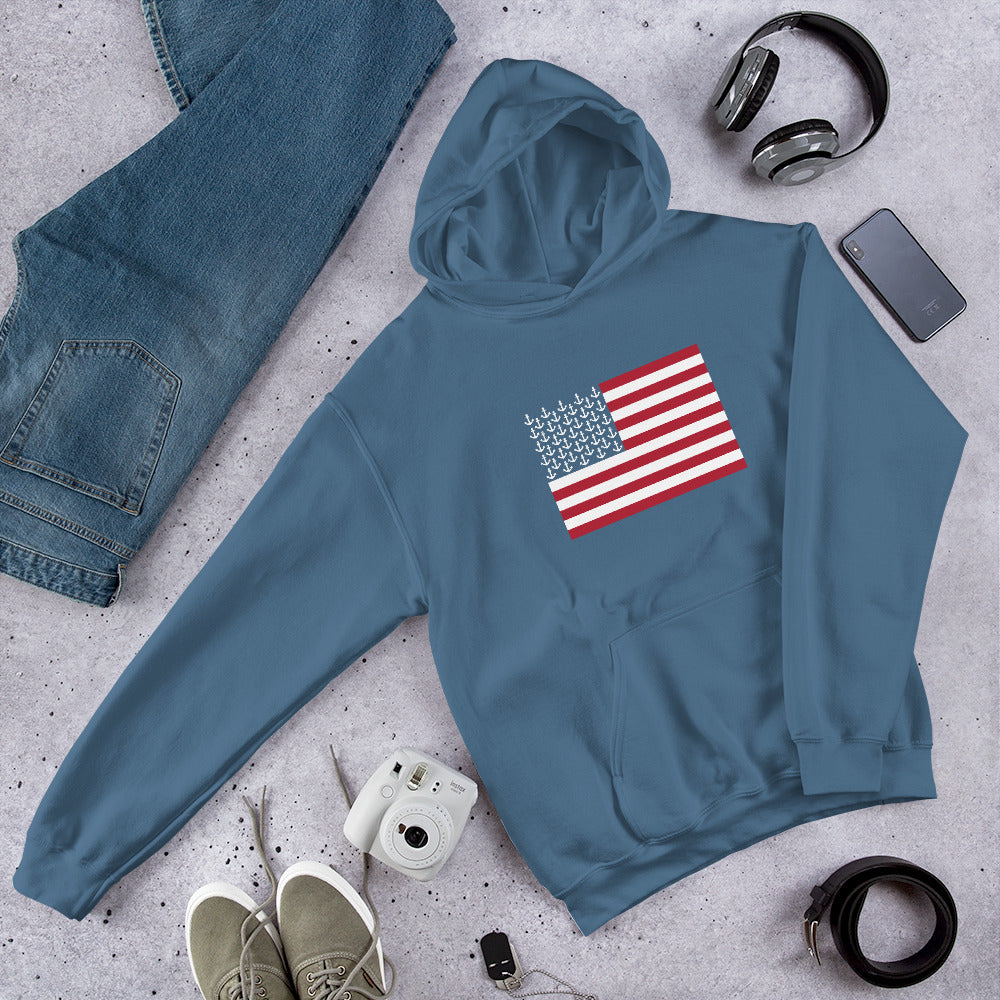 Anchors and Stripes American Flag Boater Unisex Hoodie - Red White and Toon Collection by Pontoon Girl®
