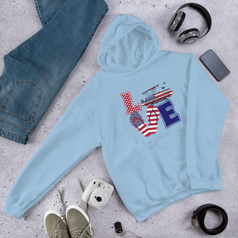 Love Flip Flopy American Flag Design Unisex Hoodie - Red White and Toon by Ponton Girl®