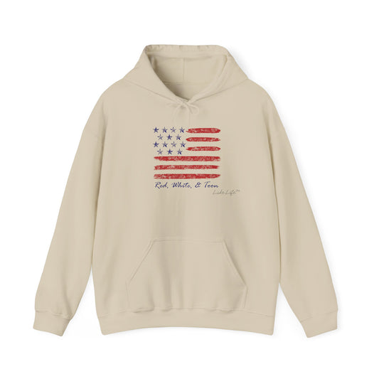 Red White and Toon™ Contemporary American Flag Lake Life™ Hooded Sweatshirt by Pontoon Girl®