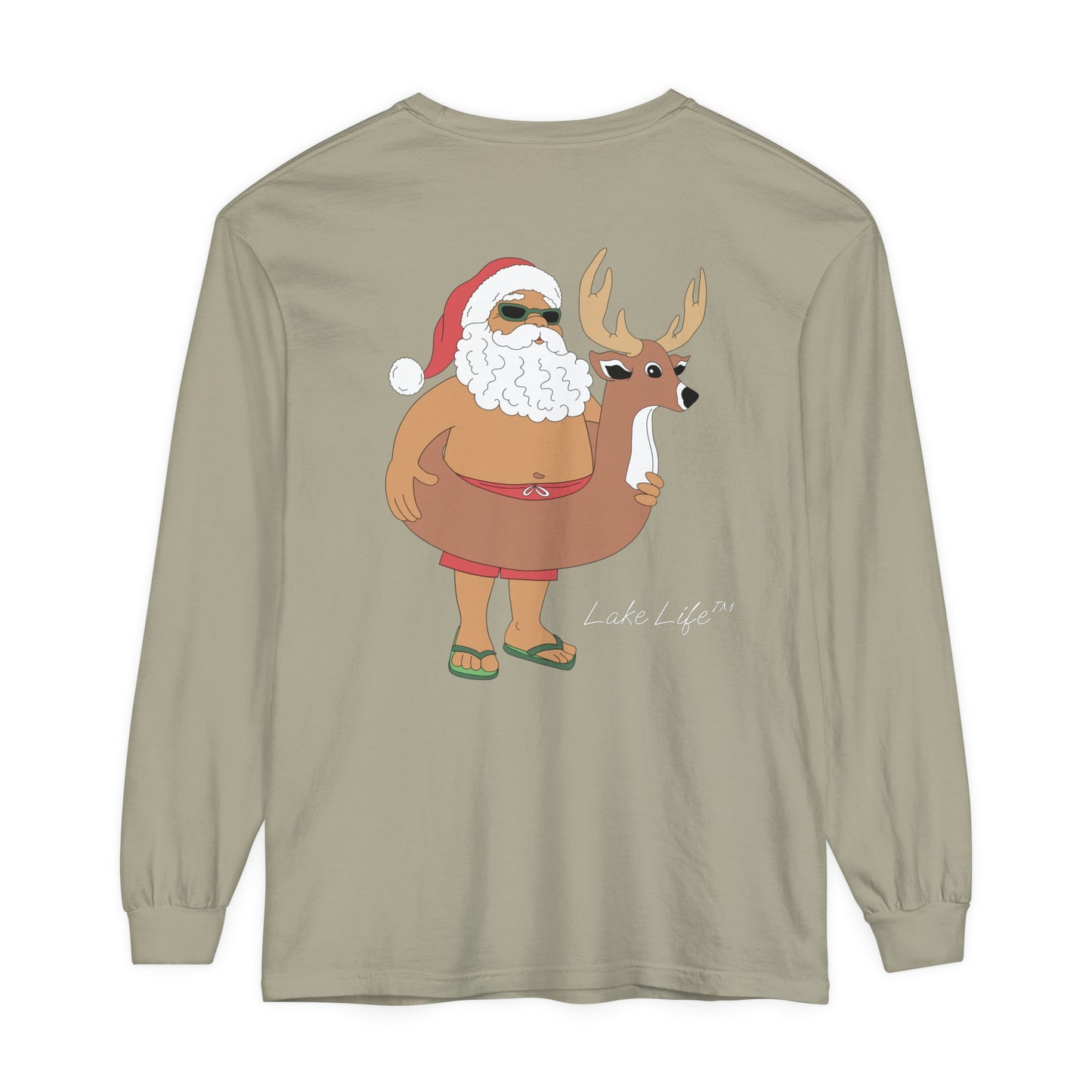 Lake Life™ Santa Deer Tube Unisex Garment-dyed Long Sleeve T-Shirt by Pontoon Girl®