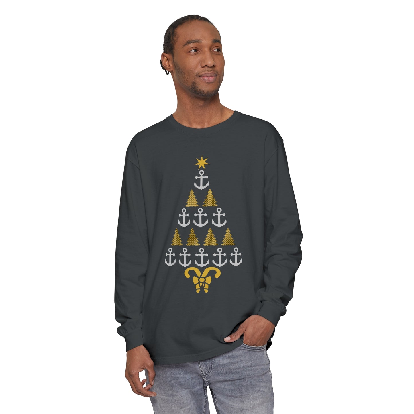 Anchor Christmas Tree Shirt - Unisex Garment-dyed Long Sleeve T-Shirt by Pontoon Girl®