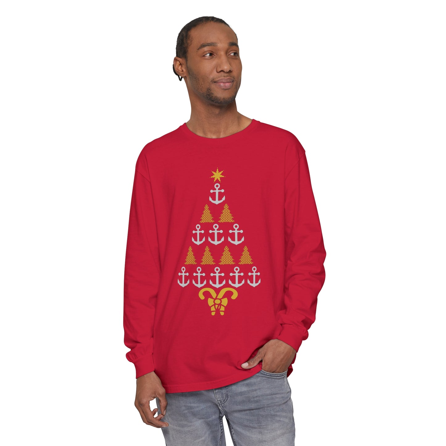 Anchor Christmas Tree Shirt - Unisex Garment-dyed Long Sleeve T-Shirt by Pontoon Girl®