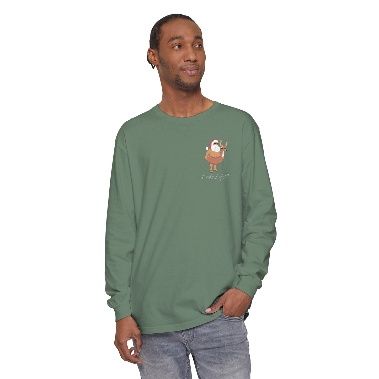 Lake Life™ Santa Deer Tube Unisex Garment-dyed Long Sleeve T-Shirt by Pontoon Girl®