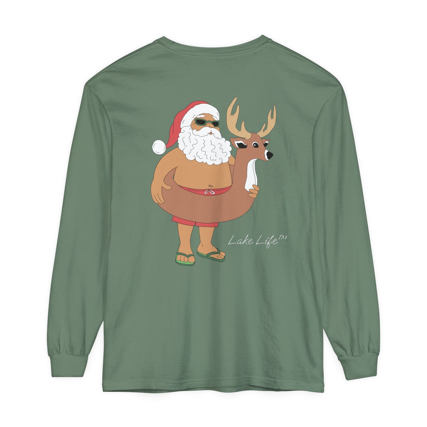 Lake Life™ Santa Deer Tube Unisex Garment-dyed Long Sleeve T-Shirt by Pontoon Girl®