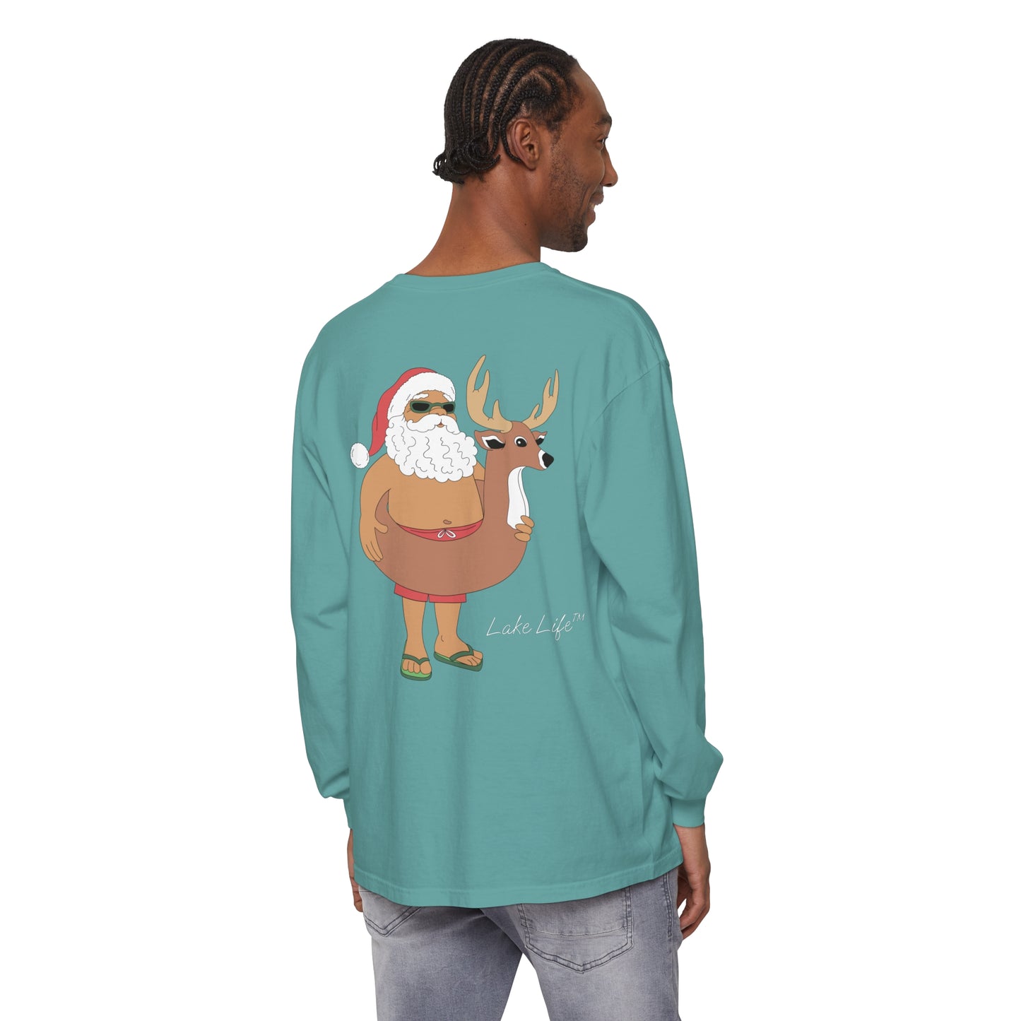 Lake Life™ Santa Deer Tube Unisex Garment-dyed Long Sleeve T-Shirt by Pontoon Girl®