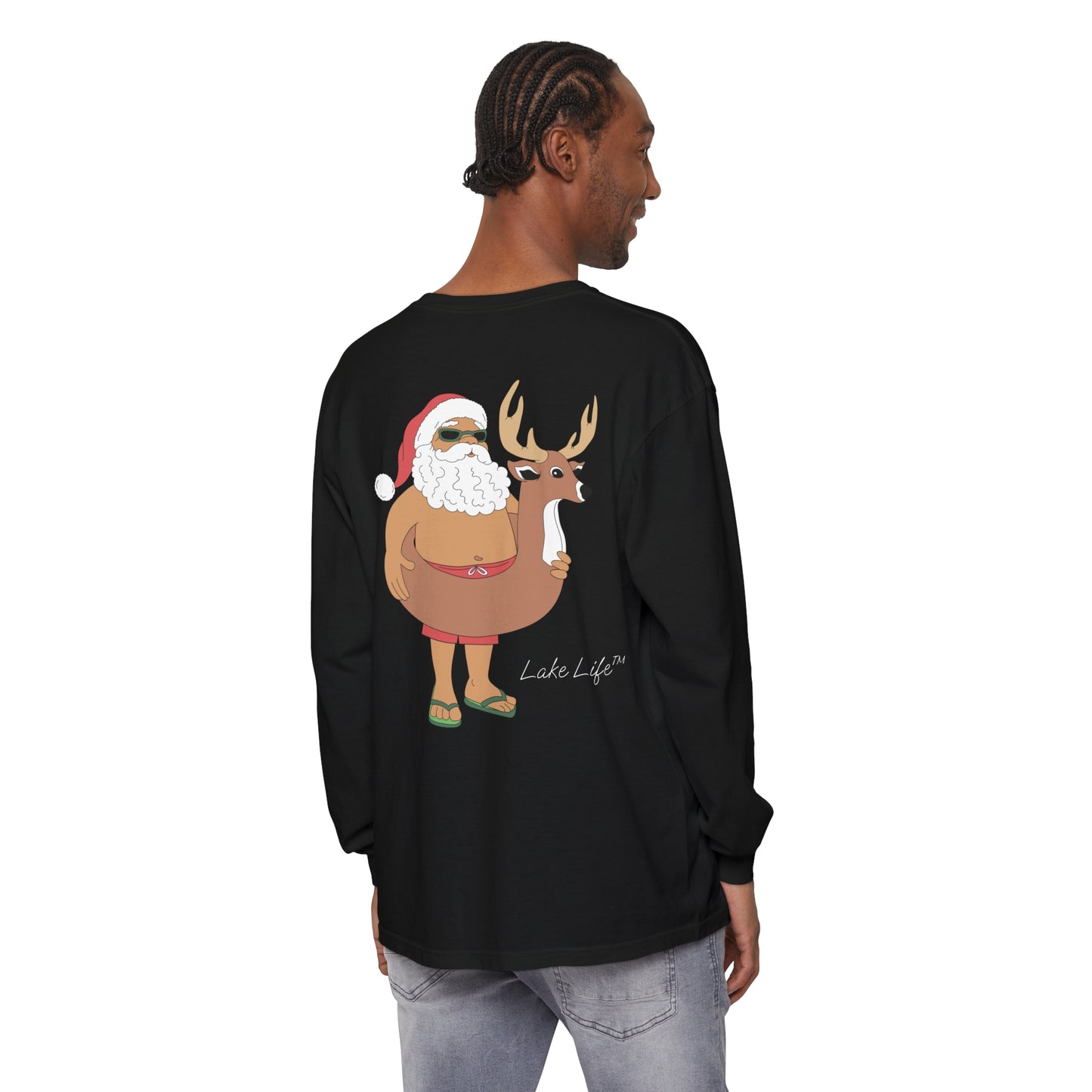 Lake Life™ Santa Deer Tube Unisex Garment-dyed Long Sleeve T-Shirt by Pontoon Girl®