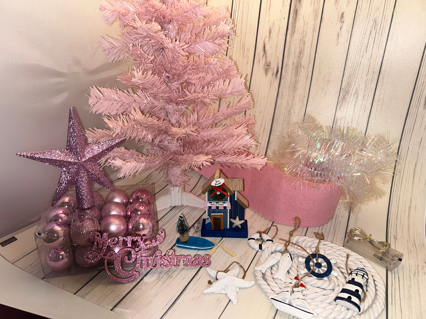 NAUTICAL CHRISTMAS TREE SET by Pontoon Girl® - PINK THEME - 24" - 2FT Mini Nautical Christmas Tree with Lights 30 LEDs & 30 Ornaments, Nautical Village, Small Tabletop Christmas Trees Decorations Desk Room Office Home Decor Xmas