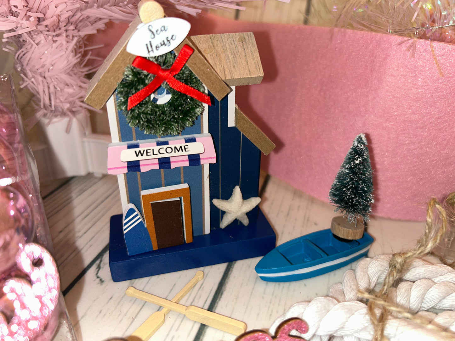 NAUTICAL CHRISTMAS TREE SET by Pontoon Girl® - PINK THEME - 24" - 2FT Mini Nautical Christmas Tree with Lights 30 LEDs & 30 Ornaments, Nautical Village, Small Tabletop Christmas Trees Decorations Desk Room Office Home Decor Xmas