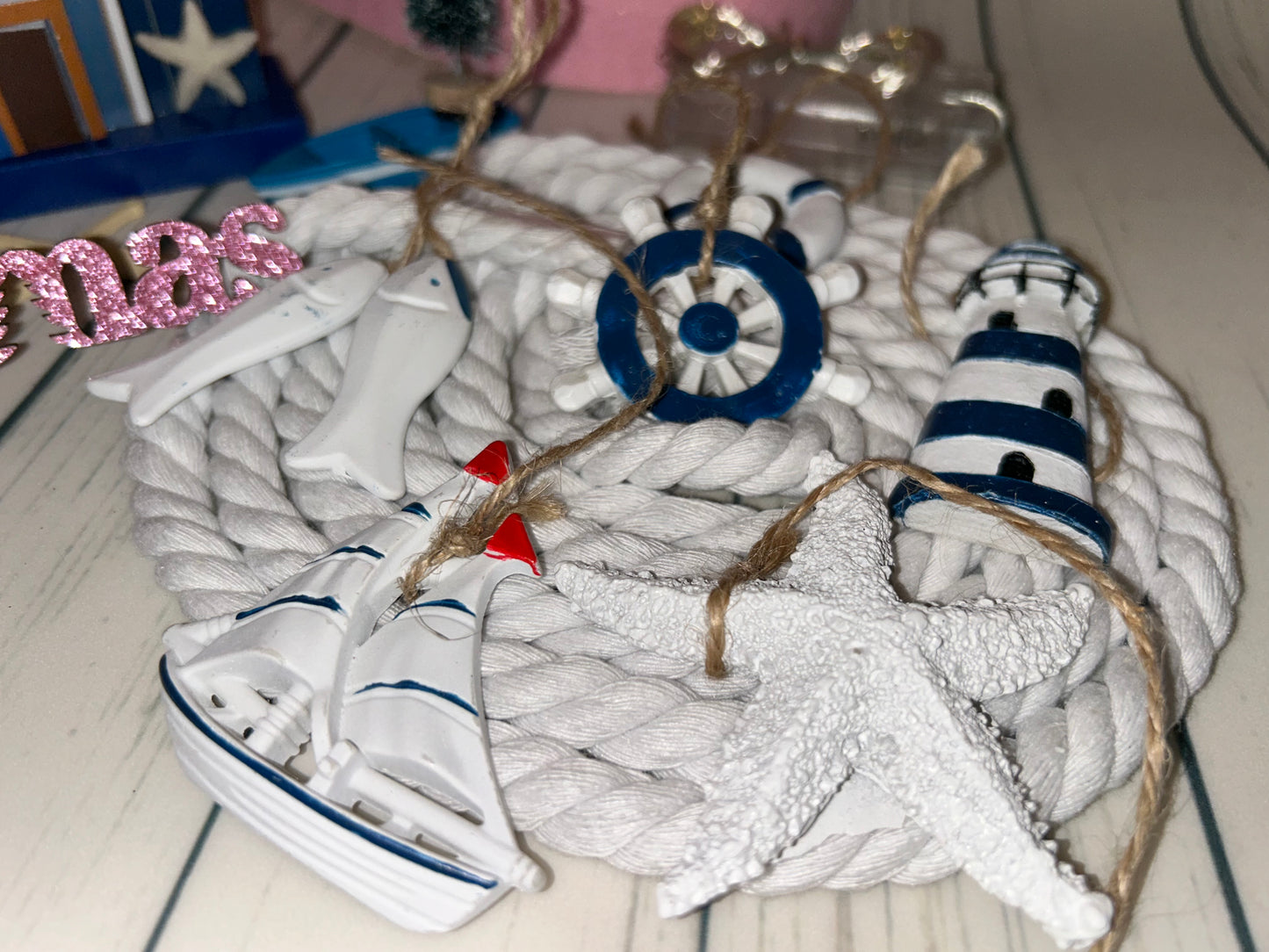 NAUTICAL CHRISTMAS TREE SET by Pontoon Girl® - PINK THEME - 24" - 2FT Mini Nautical Christmas Tree with Lights 30 LEDs & 30 Ornaments, Nautical Village, Small Tabletop Christmas Trees Decorations Desk Room Office Home Decor Xmas