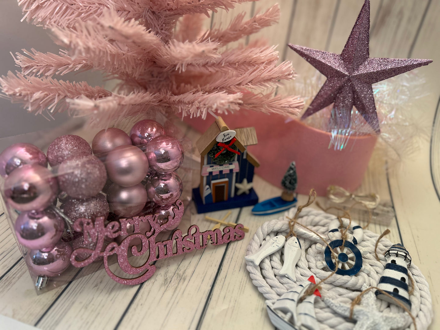 NAUTICAL CHRISTMAS TREE SET by Pontoon Girl® - PINK THEME - 24" - 2FT Mini Nautical Christmas Tree with Lights 30 LEDs & 30 Ornaments, Nautical Village, Small Tabletop Christmas Trees Decorations Desk Room Office Home Decor Xmas