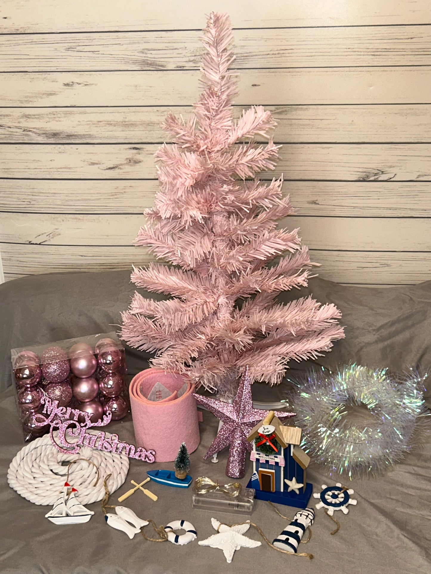 NAUTICAL CHRISTMAS TREE SET by Pontoon Girl® - PINK THEME - 24" - 2FT Mini Nautical Christmas Tree with Lights 30 LEDs & 30 Ornaments, Nautical Village, Small Tabletop Christmas Trees Decorations Desk Room Office Home Decor Xmas