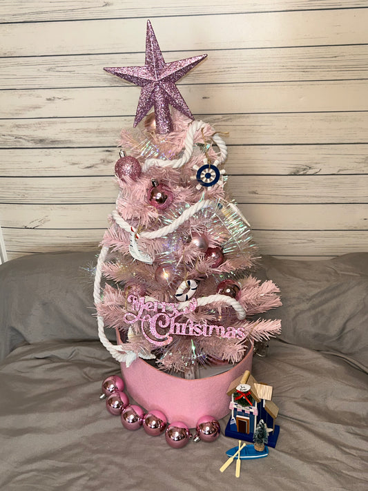NAUTICAL CHRISTMAS TREE SET by Pontoon Girl® - PINK THEME - 24" - 2FT Mini Nautical Christmas Tree with Lights 30 LEDs & 30 Ornaments, Nautical Village, Small Tabletop Christmas Trees Decorations Desk Room Office Home Decor Xmas