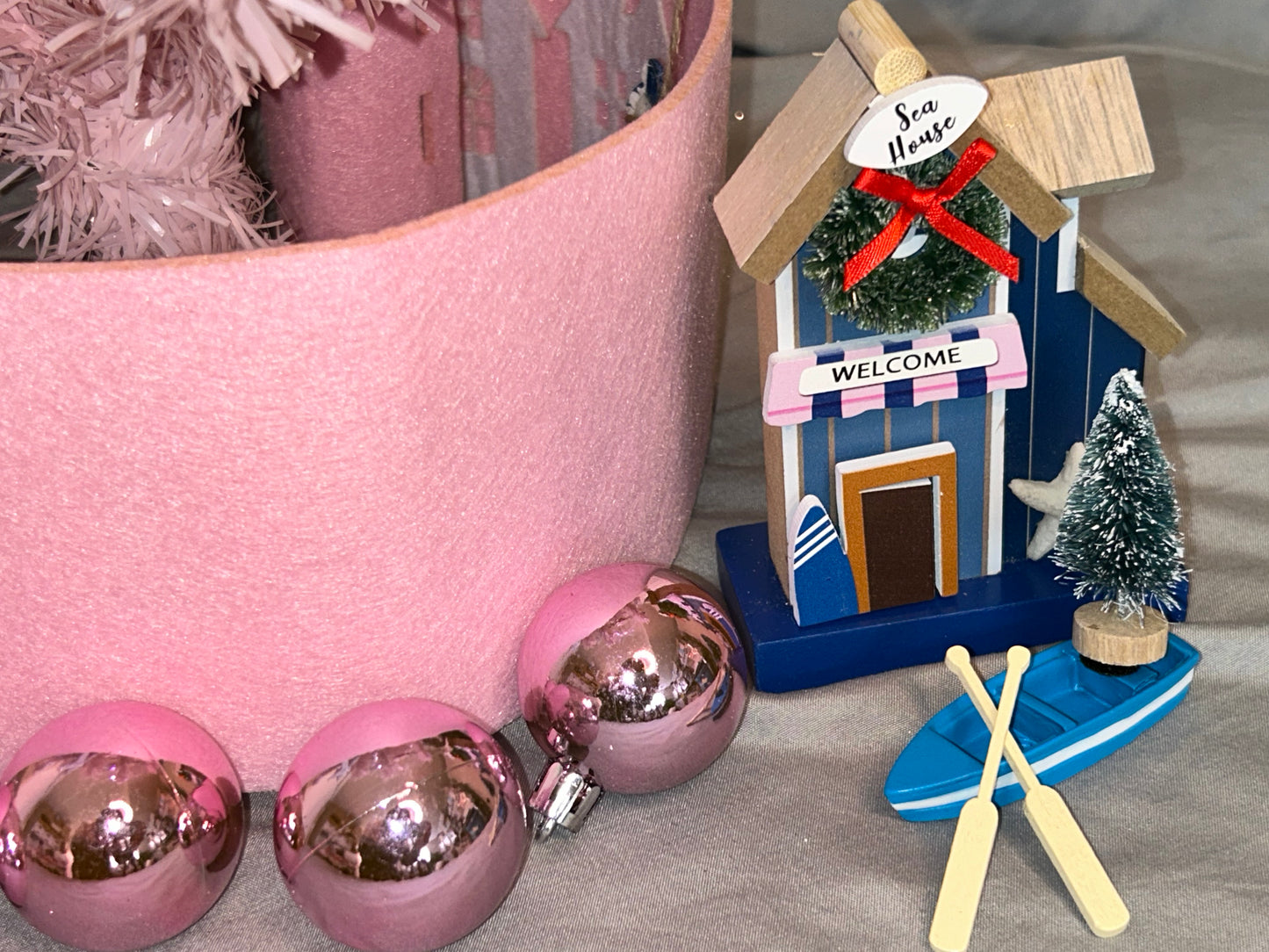 NAUTICAL CHRISTMAS TREE SET by Pontoon Girl® - PINK THEME - 24" - 2FT Mini Nautical Christmas Tree with Lights 30 LEDs & 30 Ornaments, Nautical Village, Small Tabletop Christmas Trees Decorations Desk Room Office Home Decor Xmas