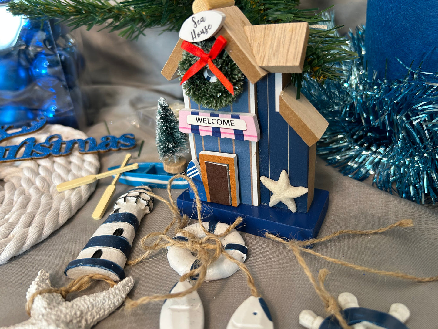 NAUTICAL CHRISTMAS TREE SET by Pontoon Girl® - BLUE THEME - 24" - 2FT Mini Nautical Christmas Tree with Lights 30 LEDs & 30 Ornaments, Nautical Village, Small Tabletop Christmas Trees Decorations Desk Room Office Home Decor Xmas