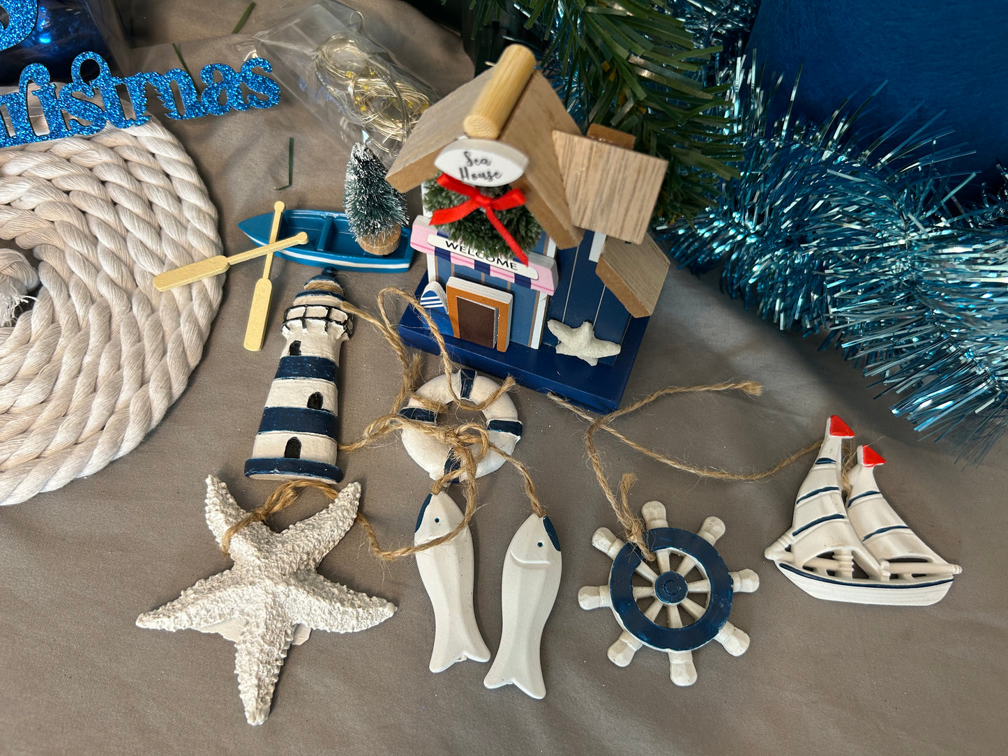 NAUTICAL CHRISTMAS TREE SET by Pontoon Girl® - BLUE THEME - 24" - 2FT Mini Nautical Christmas Tree with Lights 30 LEDs & 30 Ornaments, Nautical Village, Small Tabletop Christmas Trees Decorations Desk Room Office Home Decor Xmas