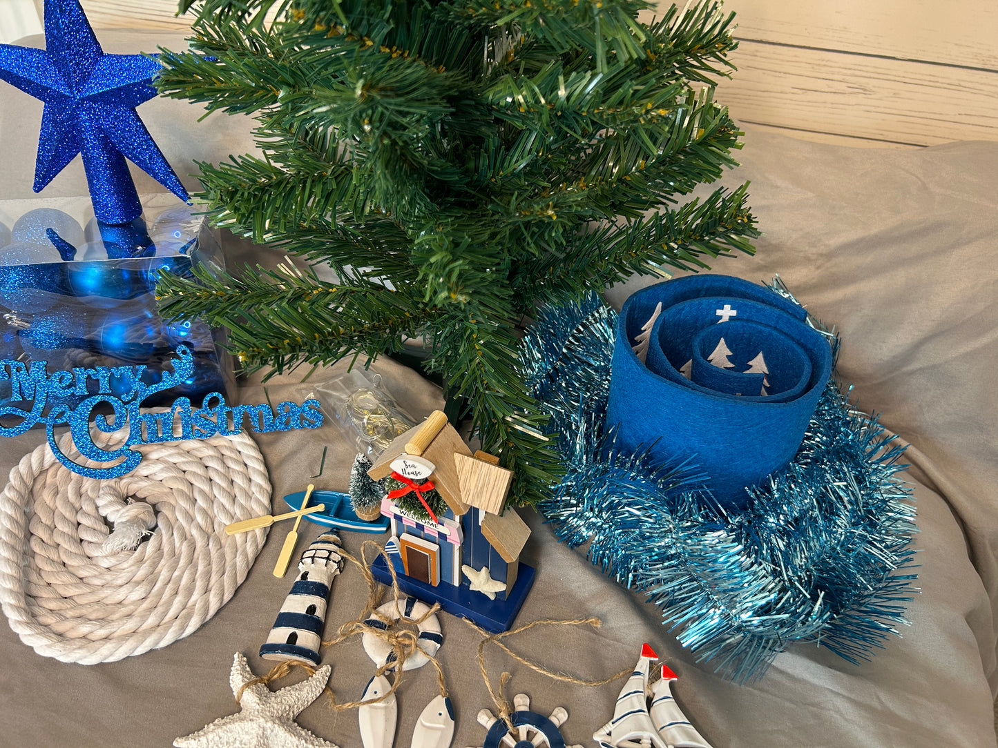 NAUTICAL CHRISTMAS TREE SET by Pontoon Girl® - BLUE THEME - 24" - 2FT Mini Nautical Christmas Tree with Lights 30 LEDs & 30 Ornaments, Nautical Village, Small Tabletop Christmas Trees Decorations Desk Room Office Home Decor Xmas