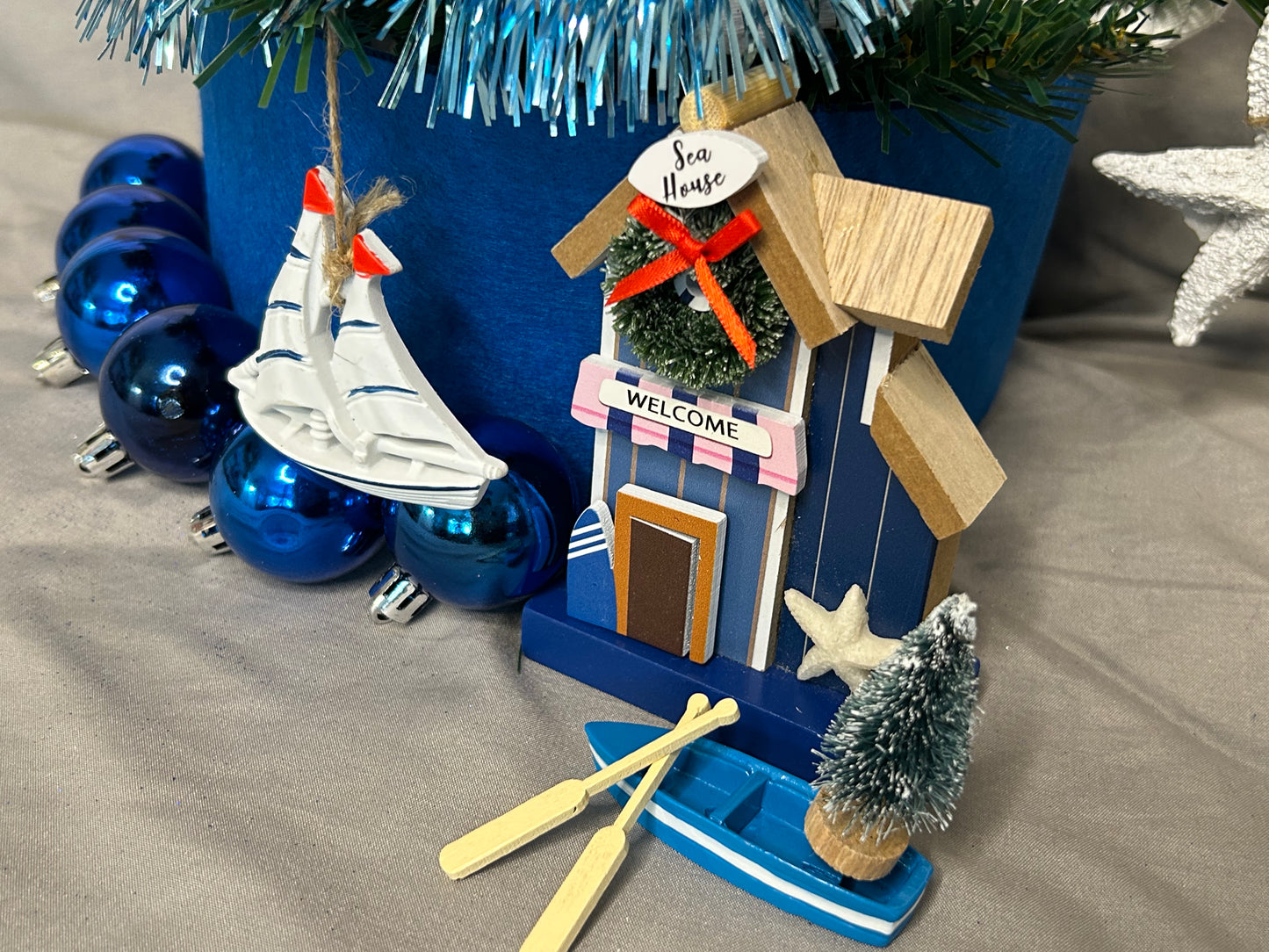 NAUTICAL CHRISTMAS TREE SET by Pontoon Girl® - BLUE THEME - 24" - 2FT Mini Nautical Christmas Tree with Lights 30 LEDs & 30 Ornaments, Nautical Village, Small Tabletop Christmas Trees Decorations Desk Room Office Home Decor Xmas