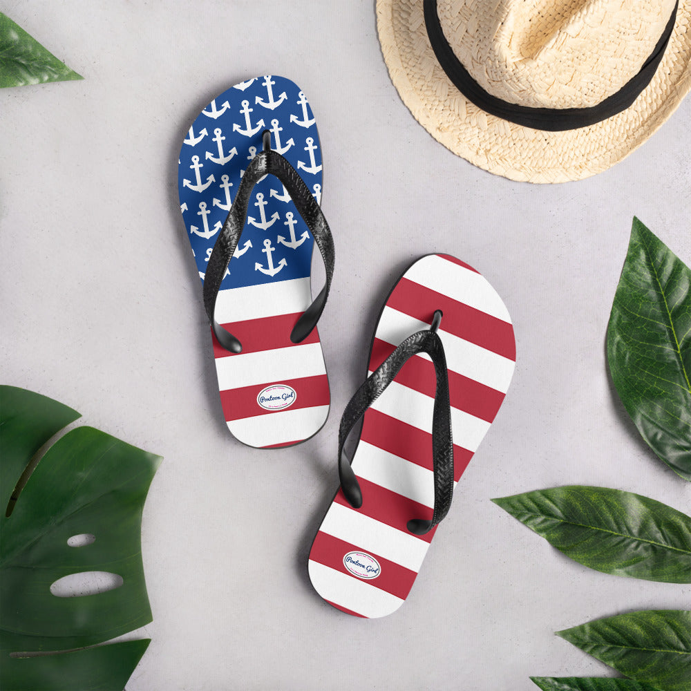 Pontoon Girl - American Flag Anchor Design Flip-Flops