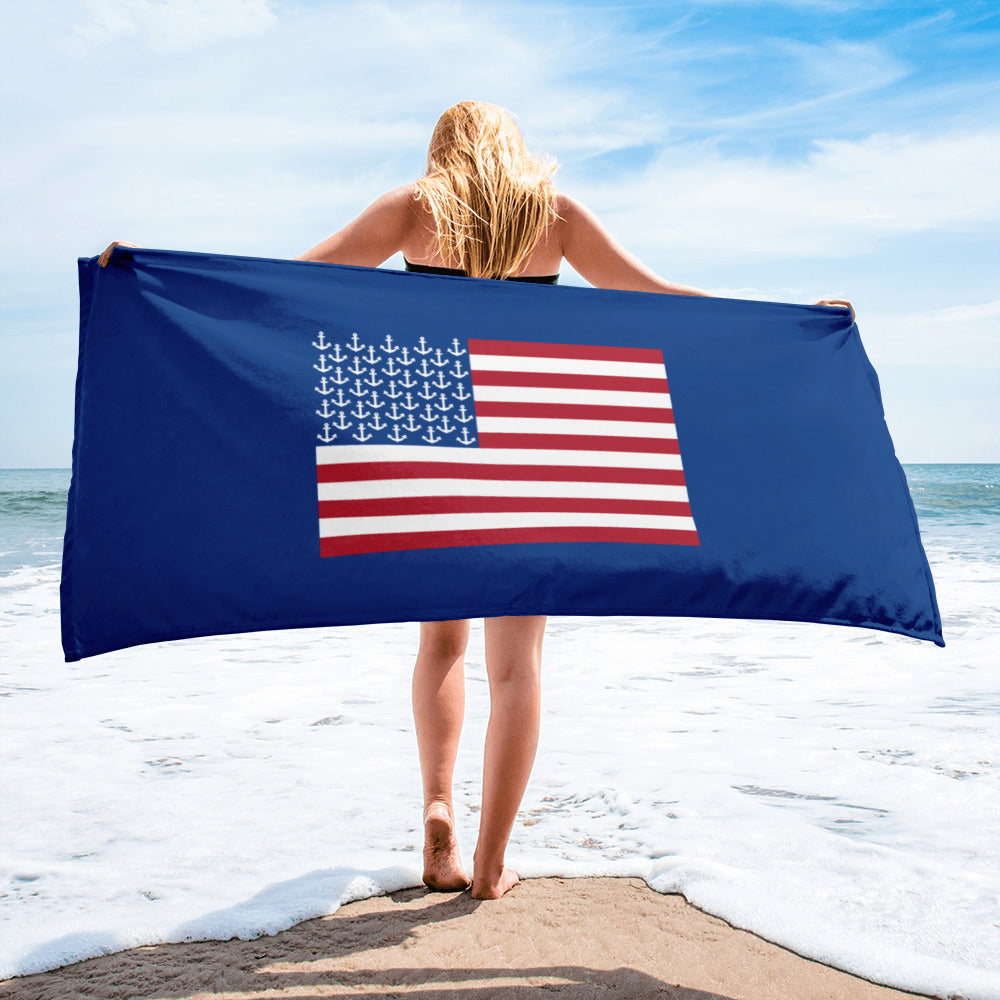 American Flag with Anchor Stars Beach Towel by Pontoon Girl®