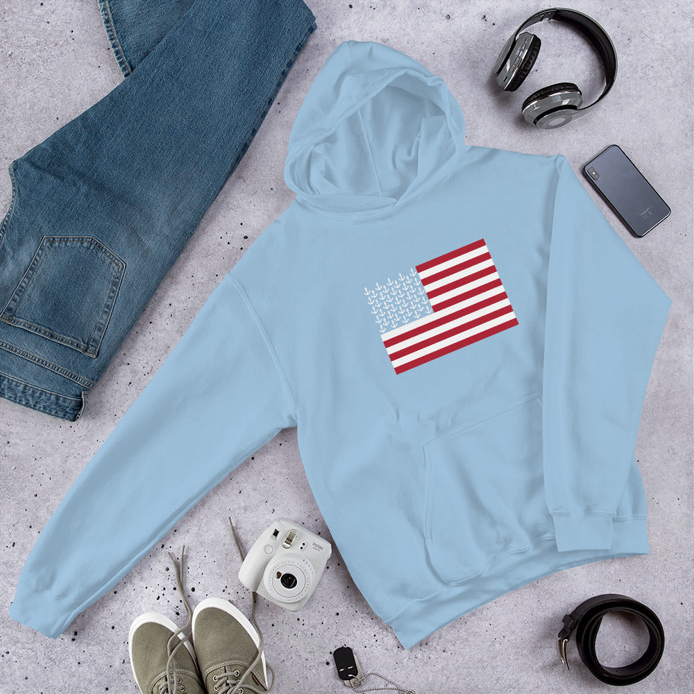 Anchors and Stripes American Flag Boater Unisex Hoodie - Red White and Toon Collection by Pontoon Girl®