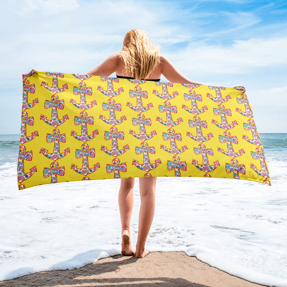 Sweet Anchor Beach Towel with Yellow Background