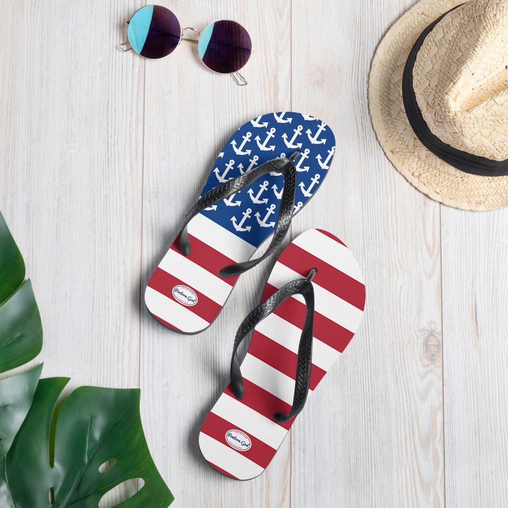 Pontoon Girl - American Flag Anchor Design Flip-Flops